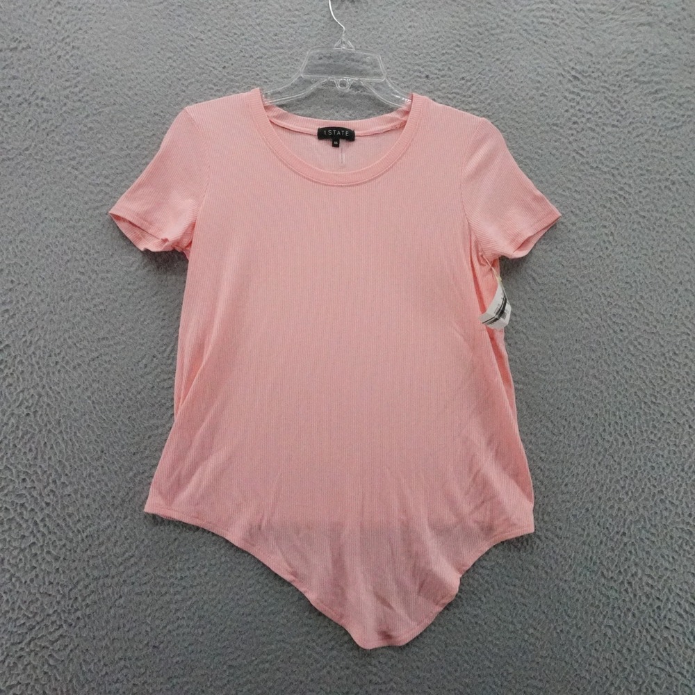1 STATE Womens Pink Ribbed Short Sleeve Asymmetrical Pointed Hem Top XS New